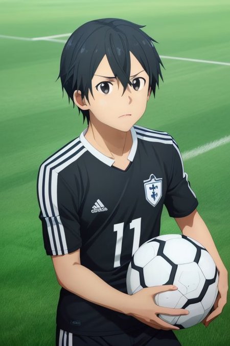 high resolution, solo, best quality, 1Boy, Kazuto Kirigaya, portraits, Black Hair, Black Eyes, soccer player, field, portrait, sport photography, celebration, OverallDetail