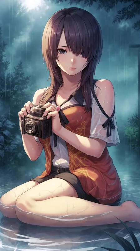 score_9, score_8_up, score_7_up, best background, detailed background, 4k, upscale, anime_source  Yuri Kozukata, Main Outfit, solo, sitting, water, hair over one eye, wet, rain, camera, holding camera  <lora:JN_Yuri_Kozukata_Pony:0.8>
