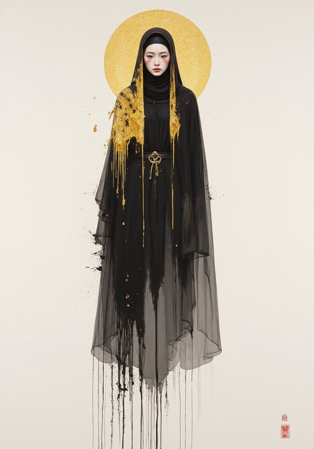 ((Nun)) empress, (,ink,golden ratio)white background,ink painting, minimalism,,Traditional Chinese ink painting,Rice paper,penetration,bleeding texture,,painting by Xu Beihong, by genevieve valentine