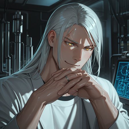 masterpiece, best quality, amazing quality, absurdres, newest, detailed background, definition so sharp, Ultra-HD, 8K cinematic, very awa, impressionate, amazing quality, highres, 
solo, male focus, manly, shadow, shiny skin, mature male, extream close-up, soft coloring,
mitsuhisahachiya, mitsuhisa_grey hair, mitsuhisa_yellow eyes, 1boy, long hair, scar across eyebrow, innovator, scientist, inventor, laboratory, blueprint, futuristic_technology, hopeful_expression, inspiring, visionary, smart_casual, clean_lines, bright_lighting, warm_smile, helping_hand