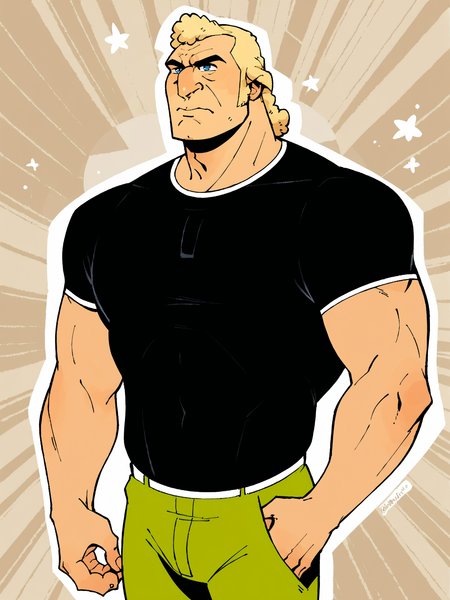 score_9, score_8up, score_7up, score_6up, score_5up, score_4up, dutch angle, dynamic angle, abstract background, source_cartoon, rating_safe, BREAK
solo, 1boy, vb_brock, muscular male, blonde hair, blue eyes, black shirt, green pants, BREAK
 <lora:Brock_Samson_-_The_Venture_Brothers_-_PDXL:1>