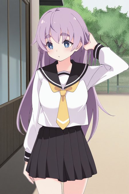 1girl, solo, rinlilustea, purple hair, hair down, straight hair, long hair, blue eyes, thick eyebrows, bright pupils, white shirt, long sleeves, black sailor collar, yellow necktie, black skirt, outdoors, campus, hand on hair, standing, cowboy shot