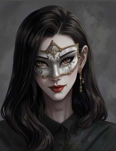 <lora:ck-LttleGhost-000011.safetensors:1> in the style of ck-lttlegh0stA woman's face dominates this close-up portrait, shrouded in mystery by a vintage silver and gold masquerade mask that conceals her eyes. Her long black hair flows down her cheeks, contrasting with her pale skin. A soft gray background and smoky filter enhance the sense of sophistication. Red-painted lips curve into an enigmatic smile as she gazes directly at the viewer, her secrets locked away behind the ornate mask. The composition is formal, every detail deliberate and weighted with significance.