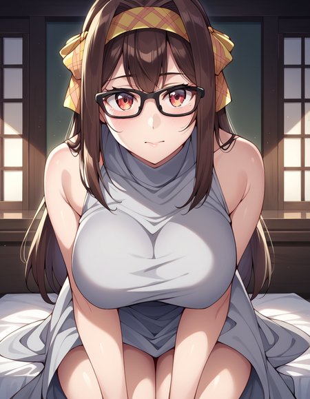 score_9, score_8_up, score_7_up, source_anime, uncensored, <lora:StS_detail_slider_v1:3>, zPDXLxxx, <lora:Yona_Ichogi_PONYXL_VexVexX:1>, YonaIchogi, red eyes, brown hair, long hair, ribbon, hair ribbon, hairband, glasses, black-framed eyewear, medium-large breasts, dress, grey dress, bare shoulders, cowboy shot, bedroom, from back, Sitting on a step with legs stretched out and slightly apart, leaning forward with hands resting on thighs, thighs, looking at viewer