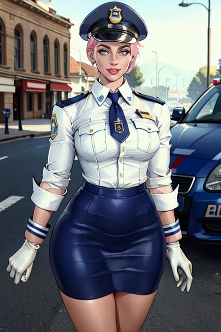 masterpiece,best quality,extreme detail,8k,<lora:Manon:0.8>,manon2,1girl,solo,breasts,looking at viewer,smile,short hair,blue eyes,skirt,shirt,gloves,hat,standing,pink hair,pantyhose,necktie,white gloves,uniform,lips,blue skirt,makeup,lipstick,pencil skirt,blue necktie,badge,police,police uniform,policewoman,police hat,