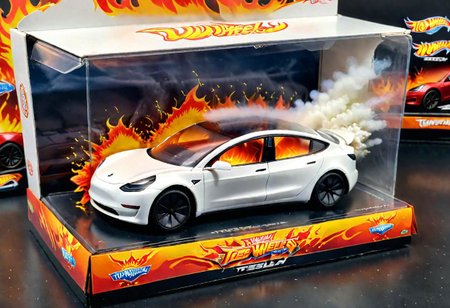 Hot Wheels toy car company have made a toy car version of a Tesla Model 3, The toy telsa model 3 car comes in a mini display unit/box. The car is exploding into fire and flames, white smoke fills the top of the display box, (realistic explosion from car), (realistic Flames bellow from the car windows inside the display unit),  (standing next to the car is a little palstic toy man, he holds both arms in the air,