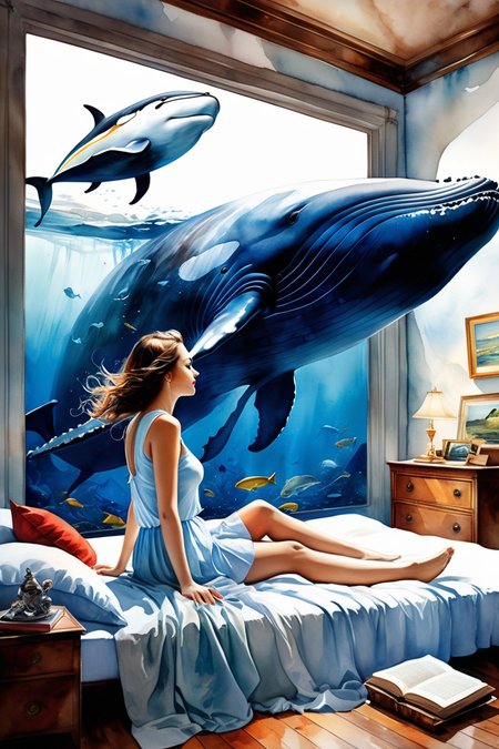 watercolor,  award winning,  woman lying on bed in front of whale,  deviantart competition winner,  pop surrealism,  in the magic room,  flying ships,  storybook illustration,  Surreal Harmony,  Gorgeous splash of bright paint,  multicolored paint,  Antonio Mora,  Andre Cohn,  Arthur Bordalo,  Bob Ringwood,  Benedick Bana,<lora:EMS-24184-EMS:0.500000>,<lora:EMS-82710-EMS:0.300000>,<lora:EMS-80024-EMS:0.400000>