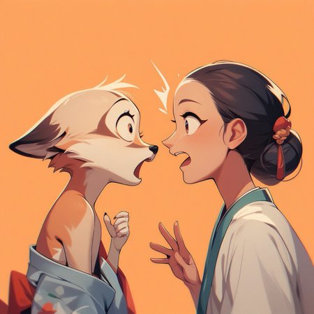 aaAR7fd, score_9,score_8_up,score_7_up,score_6_up, (2 different characters:1.8), cute, (one human girl in kimono), perfect hand, (one animal fox), open mouth, surprised, orange background, (forehead touch), profile,