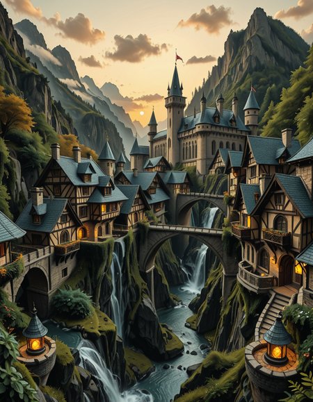 A breathtaking medieval fantasy city nestled in a lush valley, surrounded by towering mountains and dense forests. A grand castle with multiple towers and turrets stands atop a hill, overlooking the town below. The city consists of charming half-timbered houses with glowing windows, perched on rocky cliffs and connected by stone bridges over cascading waterfalls. The river flows through the village, reflecting the warm golden lights of lanterns and torches. Ivy and moss grow over the stone walls, adding to the enchanted, ancient atmosphere. The background features misty mountains with additional fortresses and watchtowers, partially hidden by low-hanging clouds. The sky is illuminated by a soft, warm sunset, casting a golden glow on the scenery, creating a perfect blend of realism and fantasy. Highly detailed, cinematic, and immersive, with a magical, fairy-tale ambiance.
<lora:SDXLFaeTastic2400:0.4> <lora:extremely_detailed:0.4> extremely detailed, ,medieval f4nt4sy c1ty <lora:medieval_f4nt4sy_c1ty-i:1>, Masterpiece,best quality,hi res,8k,hi res,8k,award winning,(sharp focus, intricate, highly detailed),
