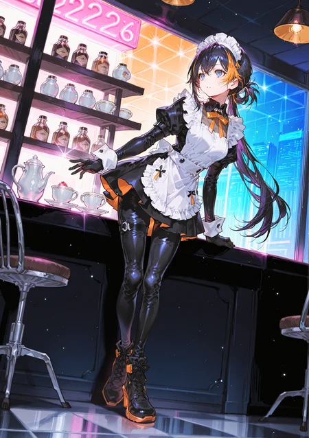 zPDXL3 Real score_9, score_8_up, score_7_up, score_6_up source_anime, highly detailed, sharp, intricate details, rating_safe rating_sensitive, rating_explicit, masterpiece, best quality, good quality, bright eyes light particles lens flare amazing quality, very aesthetic, very awa, absurdres, newest,
<lora:yoneyamaiXLNBVP1lokrV6311PZ:0.5>, <lora:TID_style:0.5>
<lora:nhl-001:0.4> nhl-001 film grain multicolored background  <lora:ponyv4_noob1_2_adamW:0.4>
medium breasts, dynamic pose, dynamic angle,
optical illusion, ssambatea, quasarcake, Fishine, arutera, soresaki, reoen, sanbonzakura, askzy, negative space, see-through, made of, neon light, detailed background,
long hair double ponytail
niji-petra,medium breastas,blue eyes,black hair,orange hair,multicolored hair,streaked hair,ornament,
silk full body suit, silk thigh suit, covered skin, maid apron, maid ribbon, gloves, indoors, cafe, footwear
 <lora:niji-petra:0.7>