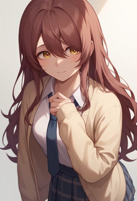 score_9,score_8_up,score_7_up,<lora:idolmaster_shiny_colors:1>,osaki_tenka,long hair, brown hair, yellow eyes,
cardigan, necktie, long sleeves, sleeves past wrists, miniskirt, plaid skirt, pleated skirt