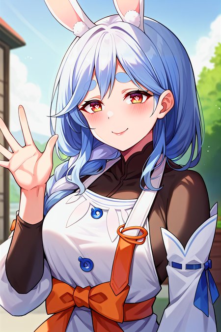 score_9, score_8_up, score_7_up, score_6_up, score_5_up, score_4_up, rating_questionable, , source_anime, digital illustration, pixiv, fanbox, uncensored, , BREAK, official art,
1girl, solo, mature female, pekomama, blue white hair, thick eyebrows, bunny-shaped pupils, rabbit ears, single braid, hair over shoulder,
white dress, apron, orange bow, black body suit, upper body, outdoors, one hand up, close up, waving, light smile, blush, looking at viewer, cowboy shot,   <lora:Pekomama_Pony-09:0.9>