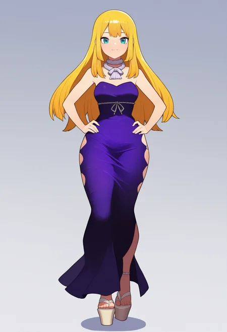 masterpiece, best quality, very aesthetic, absurdres,
1girl, ruri, blonde hair, long hair, aqua eyes,
purple dress, bare shoulders, strapless, platform footwear, sandals,
full body, standing, hands on hips,
smile, solo, looking at viewer, simple background, white background,   <lora:RuriNoobXL_byKonan:1>