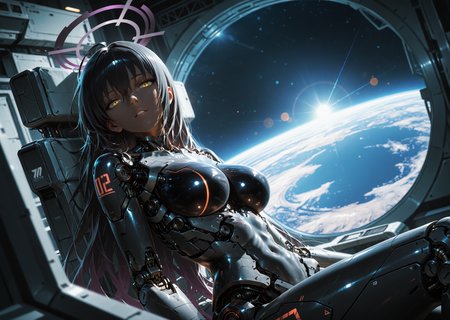 cyborg 1girl, angular, science fiction, futuristic, scenery, (karin \(blue archive\):1.0), sitting in space station, parted lips, mechanical torso, looking at viewer, black hair, yellow eyes, hair between eyes, dark skin, long hair, purple halo, creative angle, head tilt, (dutch angle, dynamic pose:0.9) BREAK masterpiece, best quality, absurdres, HDR, 8K, high contrast, film grain, cinematic lighting, realistic, depth of field, bokeh, neon trim, newest, aidmafluxpro1.1 <lora:- iLL - the_edgy_mech_V3.0:0.4> <lora:aidmaFLuxPro1.1-IL-v0.3:0.2> <lora:Hyper Helmets SDXL v1.0:0.5> <lora:CyborgMechExosuit_v1.5:0.7> <lora:ck-Sci-Fi-Concepts-IL-000015:0.15>âââ