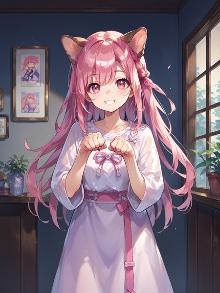 score_9, score_8_up, score_7_up,source_anime,
looking at viewer,indoors, 
tyrfing\\\(pok\\\),
1girl,pink hair, pink eyes, braid,long hair, 
paw pose, dog ears, 
smile,
 <lora:tr-000020:0.8>