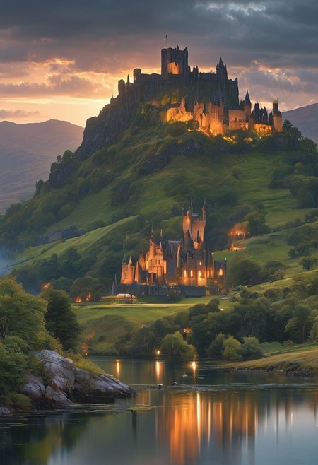 A captivating night scene illustration featuring a beautiful castle on a large  hill overlooking a lake in the highlands of Scotland. The castle is ancient but well maintained and updated and comfortable to live in.  This enchanting artwork captures a serene and peaceful early morning, where the sun is just starting to rise over the beautiful highlands and castle which   stands resolute amidst highlands, creating a cinematic experience., illustration, cinematic
<lora:DonM3t3rn1tyXL-v1.1:0.7>, DonM3t3rn1tyXL,
OverallDetailXL  <lora:MJ52:0.3>  <lora:SDXLFaeTastic2400:0.4>  <lora:EpicF4nta5yXL:0.7>