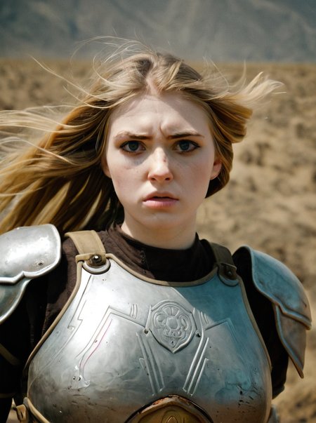 analog photograph of 1girl looking like Betsy_Jones_P_MXAI_SDXL , wearing full plate armor, in a battlefield, windblown hair, smudges, dirt, windblown hair,  filmgrain