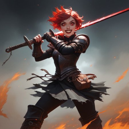 score_9, score_8_up, score_7_up, pathfinder portrait, solo, 1girl, red hair, short hair, red eyes, crazy eyes, small iris, black armor, black gauntlets, black short skirt, black armored skirt, black long boots, metal boots, villainess, slim body, small breasts, standing, crazy expression, big smile, fire sword, fire background, realistic, dynamic, detailed, masterpiece,, Expressiveh