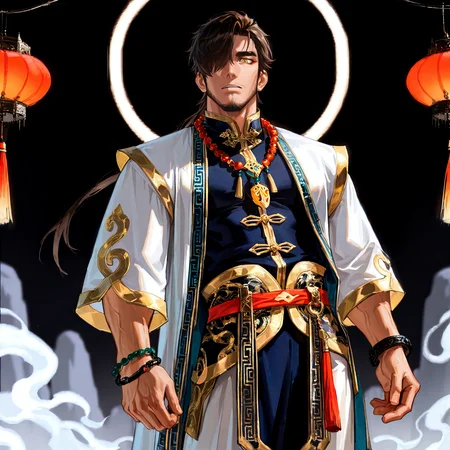 <lora:Chao__Alchemist_Code-000003:.7>,tagatamechao, 1boy, dark brown hair, middle hair, see-through eye, hair over one eye, yellow eyes, eyeliner, solo, male focus, manly, mature male, bara, muscle body, robe, tangzhuang, no sleeves, gold trim, necklace, bracelet, tassel, pants, toeless footwear,
cowboy shot, 
(very short hair, beard, bara, mature, facial hair, stubble, beard, full beard, sideburn, beard, a lot of beard, ), facial hair,male focus, muscular male, muscular male, bara, mature,  bara, mature, aixiwuganda_(20222192), very awa, masterpiece, best quality, absurdres, newest, perfect quality, detailed background, intricate details,
<lora:slider_Body Type_alpha1.0_rank4_noxattn_last:3><lora:Anime Summer Days 2 Style SDXL_LoRA_Pony Diffusion V6 XL:.6><lora:slider_cfg_scale_boost:.7><lora:Artist6p:.55>, Artist6p, Artist04p,<lora:slider_il_brightness_slider_d1:-1><lora:slider_il_contrast_slider_d1:-1><lora:slider_DarkSlider1.2_alpha1.0_rank16_full_300steps:-.6><lora:slider_contract_controller_illus01_v1:.5>,