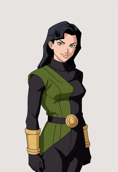 1girl, female focus, solo, Caitlin, black hair, long hair, green eyes, small breasts, turtleneck, Power Pack uniform, asymmetrical clothes, print bodysuit, green bodysuit, black bodysuit, bracers, metal bracers, belt, cowboy shot, looking at viewer, smile, v, rating_safe, simple background, white background