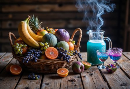 Create a detailed UHD image featuring a rustic wooden table inside a cozy cabin. on the table is a basket overflowing with exotic alien fruits from another planet. The fruits should have unique and vibrant colors, unusual shapes, and intriguing textures, showcasing their otherworldly origins.  Include fruits that combine a smooth, banana-like shape with a juicy, tomato-like texture, glowing translucent grapes in shades of blue and green, an icy cantaloupe with minty green flesh, star-shaped limes with a shiny green exterior, a deep violet pod with creamy purple pulp, and metallic apples with an iridescent sheen. Next to it is a jug with oddly shaped glasses containing a blue, sparkling drink. Foam and wispy smoke rise from the glasses. The setting should evoke a warm, inviting atmosphere with the contrast between the earthy wooden table and the vivid, fantastical fruits. cinematic
Midjourney_Whisper, aidmaHyperrealism