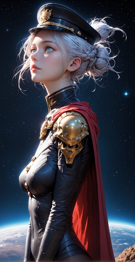 ASCII, photorealistic, OLED, score_9, score_8_up, score_7_up, score_6_up, 1girl, extremely detailed photo of a beautiful woman, nordish woman, 25 yo, round face, cheekbones, wide chin, wide lower jaw, small_nose, small eyebrows, small eyes, turquoise eyes, white hair, strands of hair falling over the face, hair tied into a bun at the back, black military cap, black tight-fitting military jacket with gold buttons, black leggings, red cape with gold fringed shoulder pads, in the galaxy, in front of a planet and the cosmos, side view, slying in the galaxy, raise her arms, dark blue sky, <lora:Expressive_H:0.5> ExpressiveH,<lora:Sinozick_Style_XL_Pony:0.2>, sinozick style, everything is shrouded in white mist, starsky background by jed-cosmos style, dark blue star sky by night, giant grey planet in background behind woman <lora:Jed-Cosmos-sdxl:0.4> Jed-Cosmos, full body