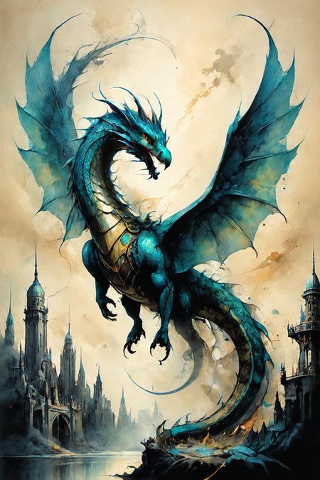 RAW photo of a Winged serpent with iridescent scales at a City of robots amid electromagnetic pulses, <lora:Ethereal_Grace:0.7>,  <lora:ParchartXL-1.5:0.7> on parchment, ink illustration