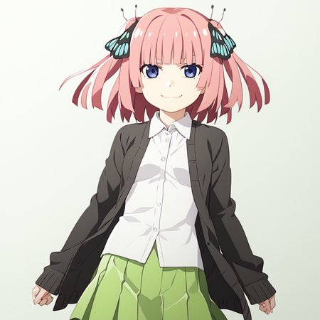 <lora:watanabeakio:2.5>watanabe akio, poyoyon rock,watanabeakio,,score_9,score_8_up,score_7_up, score_6_up, <lora:nino-nakano-pruned-ponyxl-lora-nochekaiser:0.5> 1girl,solo,nino nakano, short hair, bangs, blue eyes, hair ornament, hair ribbon, pink hair, blunt bangs, two side up, butterfly hair ornament,, nino nakano, long hair, bangs, blue eyes, hair ornament, hair ribbon, pink hair, blunt bangs, two side up, butterfly hair ornament,, skirt, shirt, long sleeves, white shirt, pleated skirt, open clothes, collared shirt, sleeves past wrists, dress shirt, cardigan, green skirt, open cardigan, black cardigan,smile,smirk