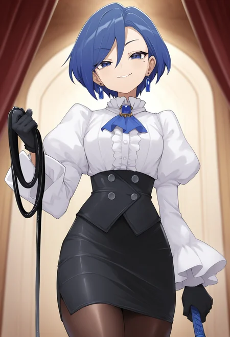 masterpiece,best quality,amazing quality,
1girl, solo, whip, mole under eye, mole, skirt, pantyhose, jewelry, gloves, puffy sleeves, short hair, earrings, pencil skirt, juliet sleeves, looking at viewer, black gloves, holding whip, smile, long sleeves, ascot, blue hair, holding,
 <lora:Jank365m:1>