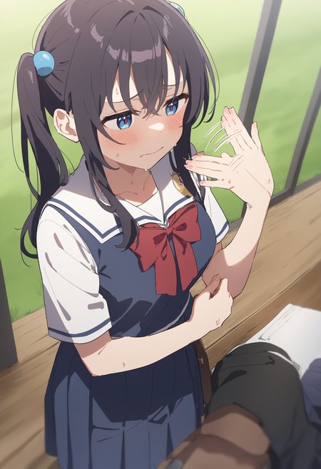 1girl,sincos, ningen mame, toosaka asagi,solo,medium breasts,school uniform,
fanning self,fanning face, hand up, motion lines, sweatdrop, sweat, hot,<lora:fanningself_XL_v1:0.9>
ceiling, panorama shot, looking down, purple hair, black eyes,flustered, grassland, closed mouth,
best quality, very aesthetic, absurdres
