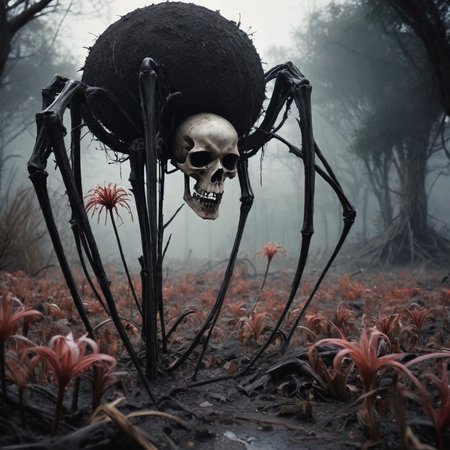 A landscape with a black atmosphere that scatters light in different hues,creating a (weathered) and sad and whimsical environment,the flora is mythical and whimsical,such as clouds of (weathered bone dust),dead flowers and rotten cane trees. The geology is mostly hard and sharp,with (weathered skulls and bones) and blood,the mood is mournful and depressing,cinematic photo biomarchitectural style land art style hyperrealistic,photorealistic,extreme detail,dead,crisp,precise,blurry . natural materials,outdoor,environmental,detailed . blend of organic and mechanical elements,futuristic,cybernetic,detailed,intricate . 35mm photograph,film,bokeh,professional,4k,highly detailed,spider lily,landscape,