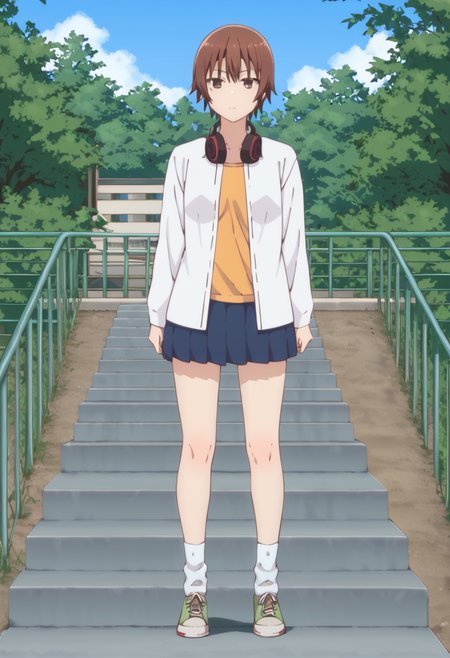 score_9, score_8_up, score_7_up, source_anime, outdoors, sky, 
BREAK,
 <lora:ninomae_kanade_ponyXL_v1:1> ninomae kanade, 1girl, solo, looking at viewer, bangs, skirt, shirt, long sleeves, closed mouth, standing, jacket, full body, pleated skirt, open clothes, shoes, socks, miniskirt, blue skirt, headphones, white socks, casual, sneakers, headphones around neck,