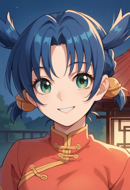 score_9, score_8_up, score_7_up, source_anime,renka ma, blue hair, short hair, twintails, green eyes, 1girl, solo, bell, hair bell, hair ornament, braid, jingle bell, chinese clothes, smile, night