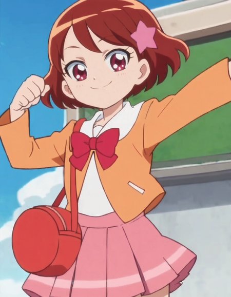 score_9, score_8_up, score_7_up, anime screencap, solo,1girl skirt, school uniform, short hair, smile, star hair ornament,  red hair, bag, pink skirt, red eyes, brown hair,  looking at viewer, cowboy shot, dynamic pose,<lora:kenjoumiku:0.8>