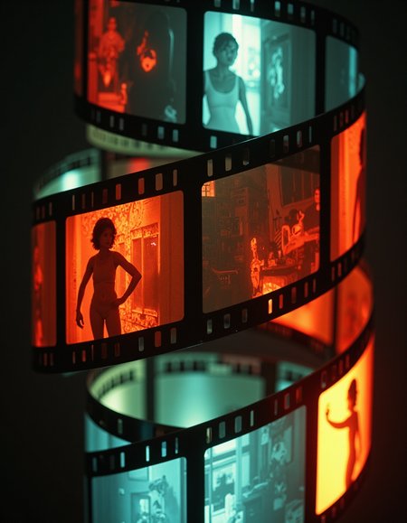On the Trail of a Killer film reel, elongated rectangles arranged in a spiral, each rectangle a 'frame' containing its own composition of smaller rectangles, varying in brightness and contrast, giving Lily impression of motion and time passage