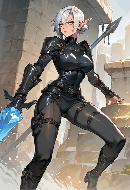 score_9, score_8_up, score_7_up, high detailed, high quality, source_fantasy, concept art, Expressiveh, easynegative, watercolor \(medium\), traditional media, kdmstyle,
...
1girl, solo, mature, curvy body, (tall:1.5), medium breast, blood_elf, 
pointed ears, multiple piercings, pale skin, gold eyes,
white hair, short hair, hair between eyes, Arlecchino hair style,
beauty face, serious,
...
black bodysuit, body straps, black pants, leather gauntlets, fingerless gloves, long black boots, covered back,
fighting, misty step, magic aura, (holding crystal greatsword:1.5),
...
outdoors, fantasy ruins,
