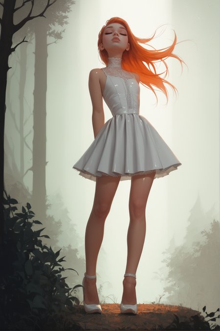 score_9, score_8_up, score_7_up, score_6_up, 1girl, petite, 18yo, adult face, oval face, skinny, perky nose, ginger, long hair, flat chest, small breast, seductive, hips, spotlight, night, forest, waterfall <lora:mb_styles_SOFT:0.8>, lace collar, shiny skin, shiny lips, (white, white, high waist, latex skirt), white high heels, back view, dynamic wind blowing hair and skirt, eyes closed,
