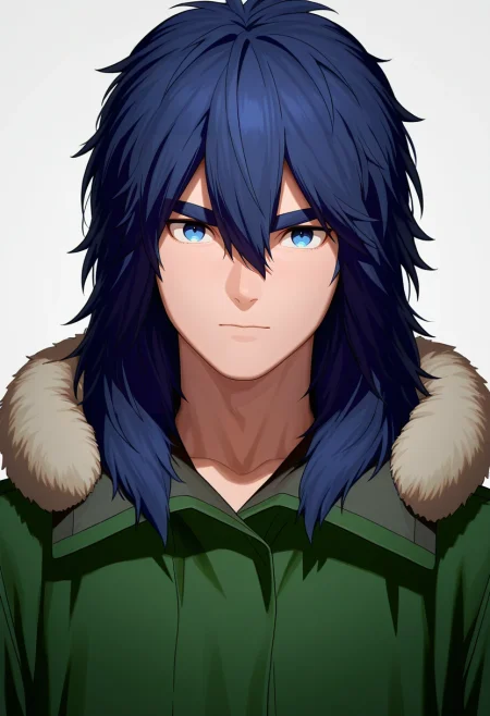 masterpiece, best quality, , semi-realistic, looking at viewer, 1boy, solo, male focus, <lora:yui_kemono_jihen_ilxl:0.92>, yui_kemono_jihen, blue hair, blue eyes, long hair, hair between eyes, bangs, thick eyebrows, green coat, fur trim,