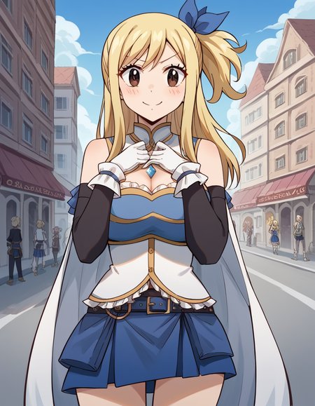 score_9, score_8_up, score_7_up, source_anime, lucyheartfilia, <lora:lucy-heartfilia-s7-ponyxl-lora-nochekaiser:1>, lucy heartfilia, blonde hair, brown eyes, long hair, one side up, ribbon, hair ribbon, blue ribbon, large breasts,, <lora:miki-sayaka-cosplay-ponyxl-lora-nochekaiser:1>, miki sayaka cosplay, miki sayaka (cosplay), belt, black sleeves, blue skirt, cape, cosplay, dress, gloves, gem, skirt, sleeveless, sleeveless dress, white cape, white gloves,, streets, outdoors, smile, blush, hands on own chest, cowboy shot, looking at viewer,