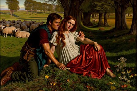 williamhhunt1 painting. 
An outdoor pastoral scene. On the left, a young man kneels on the ground. On the right, a young shepherdess with long, flowing hair sits on the grass. A flock of sheep grazes in the background.
 <lora:williamhhunt1_cap_d6a3e9:1.0><lora:838059432400173142:0>