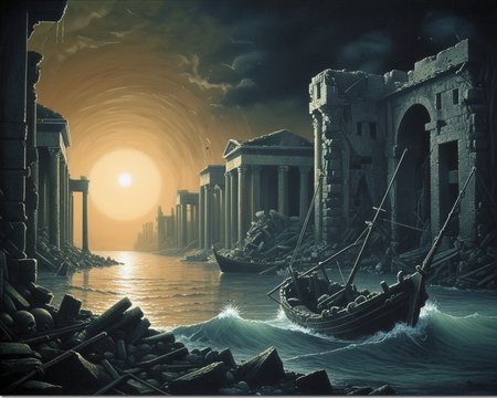 Sinking of Atlantis, apocalypse, dark, esoteric, surrealistic, doviliotarot      <lora:DovilioTarot_SDXL:1.0>
