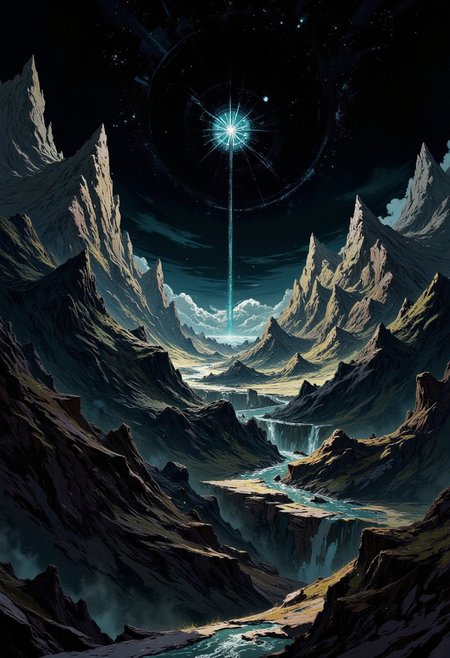 masterpiece, fantasy, high-quality, In a realm of absolute blackness, where all sense of space and time seems to dissolve, a magnificent mountain range emerges as if from a dream, its peaks and valleys etched against the dark void. A distant opening in the clouds above, like a gateway to another dimension, allows a single shaft of brilliant light to pierce through, illuminating the mountains with an almost otherworldly radiance. The mountains, each a masterpiece of natural design, seem both ancient and timeless, their surfaces marked by the forces of time and erosion. The contrast between the black void and the illuminated peaks creates a dramatic tension, a visual representation of the balance between darkness and light, silence and sound, absence and presence, within the infinite expanse of the cosmos.<lora:FLUX\FLUX-daubrez-DB4RZ:0.3> <lora:FLUX\ArcaneFGTNR:0.5> <lora:FLUX\VividlySurrealApex:0.6> <lora:FLUX\Anime v1.3:0.5>