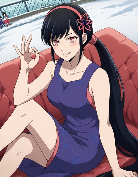 score_9, score_8_up, score_7_up, source_anime, <lora:yihwa-yeon-s2-ponyxl-lora-nochekaiser:1>, yihwa yeon, long hair, bangs, black hair, hair ornament, pink eyes, very long hair, hairband, large breasts,, dress, ponytail, purple dress, skating rink, ice, people, winter, fun, smile, <lora:money-gesture-ponyxl-lora-nochekaiser:1>, money gesture, blush, sitting, couch, arm support, smile, tongue out, knee up, from above, looking at viewer, solo,, dutch angle, cowboy shot