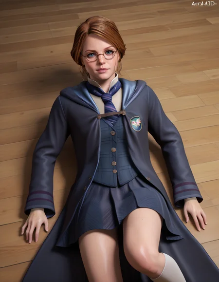 Masterpiece, high-res, 2k, best quality, realistic, 3d, anastasiahw , glasses, freckles , hwuniform  <lora:anastasiahw_pony-000037:1> Lying down with one leg bent hands behind the head