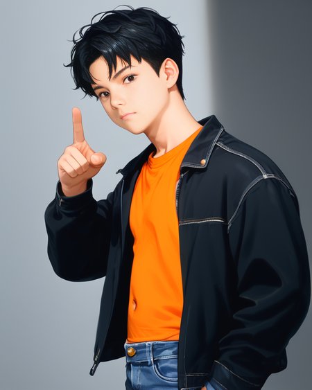 score_9, score_8_up, score_7_up, Korean, <lora:Cute_Cartoon_ArtStyle:1>,  <lora:Expressive_H:1>, ((adorable handsome young cute man:1.2, light skin)),
tae_dong, black and white jacket, orange shirt, jeans, lose shirt, navel, looking at viewer, dynamic action, expressive cute face, cute pose, male focus, 1boy, solo, cowboy shot, from side, depth of field, masterpiece, best quality, amazing quality, very aesthetic, absurdres, newest, very awa, shadow, dynamic angle,  <lora:tae_dong-000013:1>, ((tae_dong))
