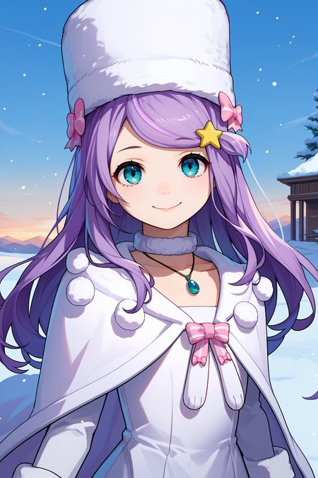 score_9, score_8_up, score_7_up, score_6_up, source_anime, 1girl, solo,   <lora:rzanastasia-pdxl-nvwls-v1-000006:1> rzAH, lavender hair, long hair, swept bangs, cyan eyes, fur hat, white hat, star hair ornament, fur choker, necklace, white cape, fur trim, white dress, long dress, pink bow, long sleeves, looking at you, upper body, smile, blue sky, snow, portrait, happy, closed mouth