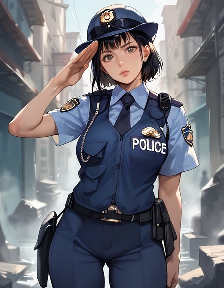 score_9, score_8_up, score_7_up, source_real,realistic, photorealistic, BREAK <lora:detailed_notrigger:0.7> <lora:zy_Detailed_Backgrounds_v1:1> extremely detailed, detailed background,
japanesePolicewoman, 1girl, police, police uniform, uniform, solo, walkie-talkie, outdoors, vest, salute looking at viewer, police hat, blue pants, black hair, pants, belt, shirt, holster, short hair, standing, gun,  <lora:BDpony_japanesePolicewoman_V1-8554:0.9>, score_9, score_8_up, score_7_up, score_6_up, score_5_up, score_4_up, zPDXL2,source_anime,rating_questionable,