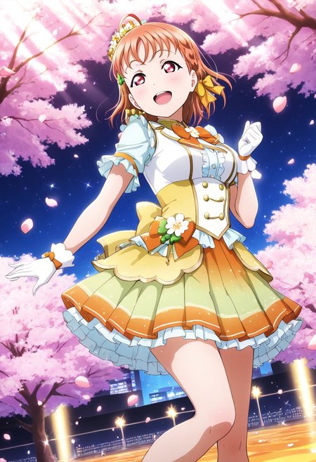 masterpiece, best quality, solo, 1girl, aged up, happy, medium breasts, 
 takami_chika, chika_takami, short hair, hair ornament, red eyes, bow, braid, ahoge, hair bow, orange hair, side braid, yellow bow, clover hair ornament, skirt, short sleeves, pleated skirt, flower-themed idol outfit, frilly sleeves, petal skirt, floral crown, white gloves, sparkling stage lights, cherry blossoms falling, outdoor concert, glowing petals, spring night, starlit sky, nature stage