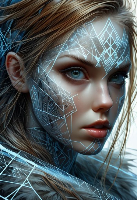 Nordic Rune on girls face, close-up, by Minjae Lee, Carne Griffiths, Emily Kell, Steve McCurry, Geoffroy Thoorens, Aaron Horkey, Jordan Grimmer, Greg Rutkowski, amazing depth, double exposure, surreal, geometric patterns, intricately detailed, bokeh,  perfect balanced, deep fine borders, artistic photorealism , smooth,  great masterwork by Suiras  <lora:add-detail-xl:2>  <lora:Double_Exposure:0.5>