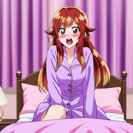 aoi yuzuki ,  full body , night dress , on fours , on bed , leaning forward , mouth open , saliva , naughty blush , cute face